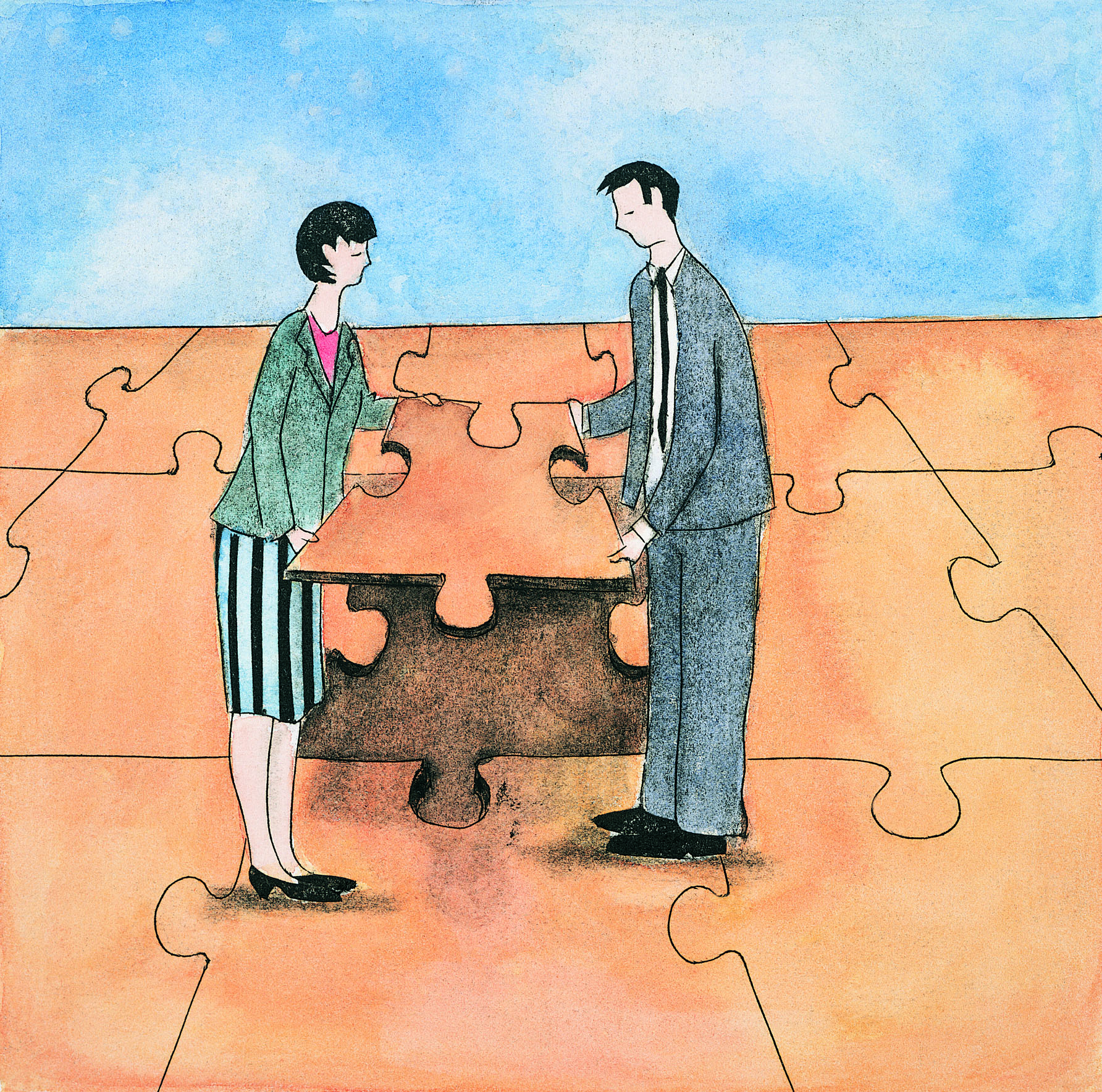 An illustration of a man and a woman, both in suit, holding a piece of puzzle together to complete the puzzle An illustration of a man and a woman, both in suit, holding a piece of puzzle together to complete the puzzle
